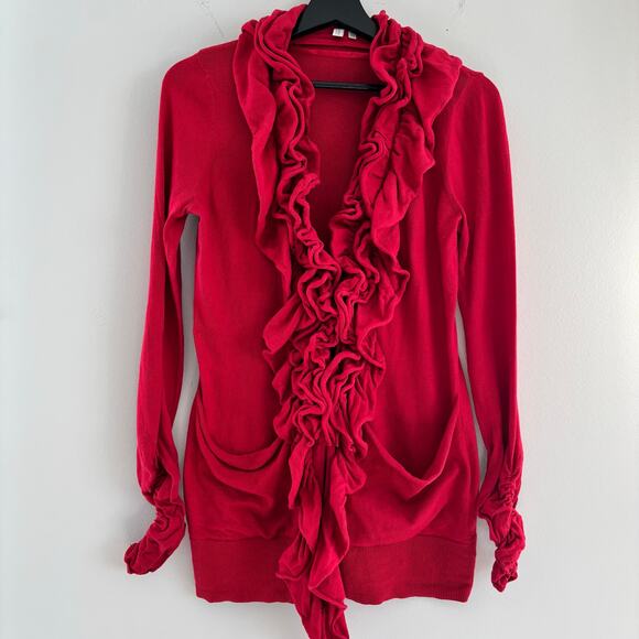 Madison Red Ruffle Cardigan Women Size Medium with Pockets - Picture 1 of 7
